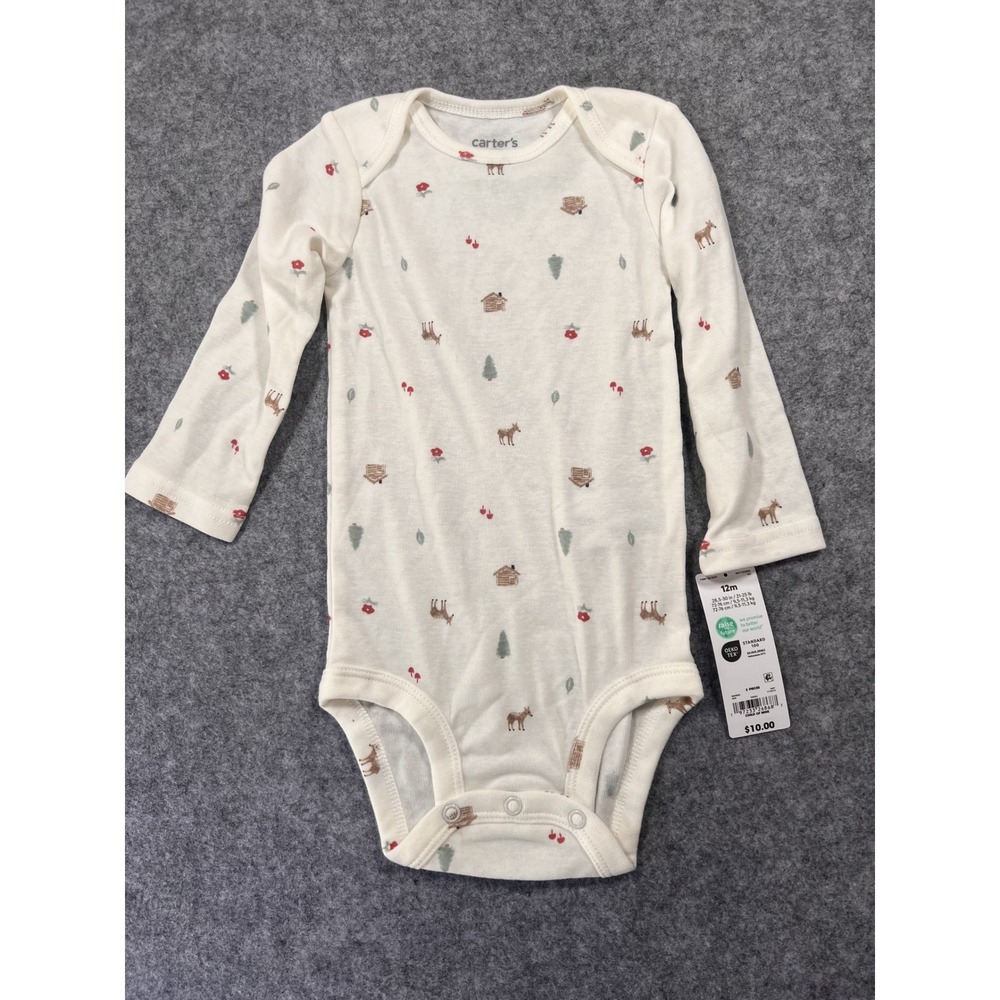 Carter's Child of Mine Long Sleeve Bodysuit 12m White Woodland‎ Print Cotton